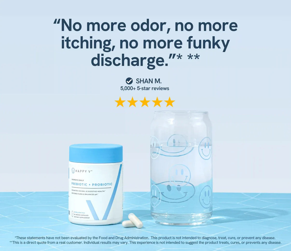 Container of Happy V supplement next to a glass of water on a light blue surface with text above.