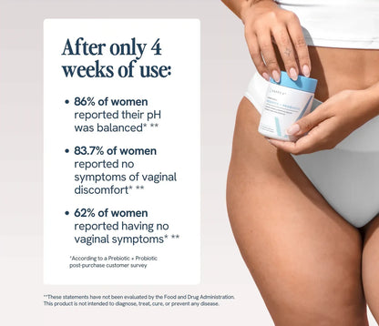 A woman holds a Happy V supplement jar while wearing white underwear, highlighting women's health.