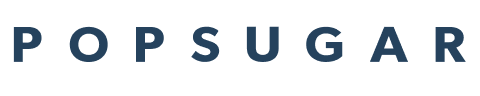 Popsugar logo in blue text on a transparent background, featuring Happy V brand collaboration.