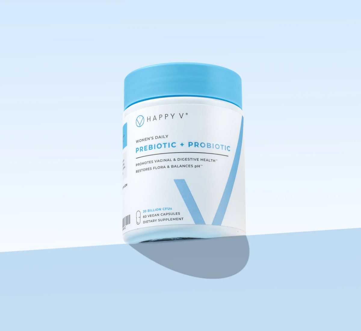 Women's daily prebiotic and probiotic supplement by Happy V in a blue and white container.