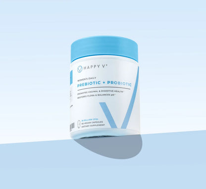 Women's daily prebiotic and probiotic supplement by Happy V in a blue and white container.